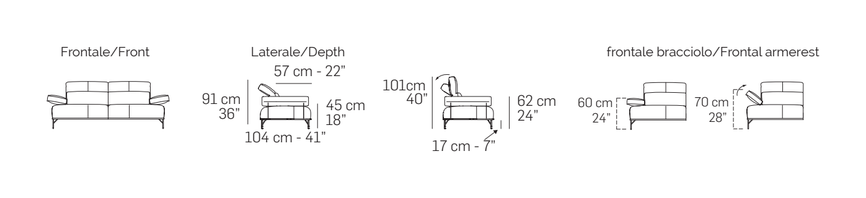 Bolton Sofa by Nicoline, size drawing: Front and side views