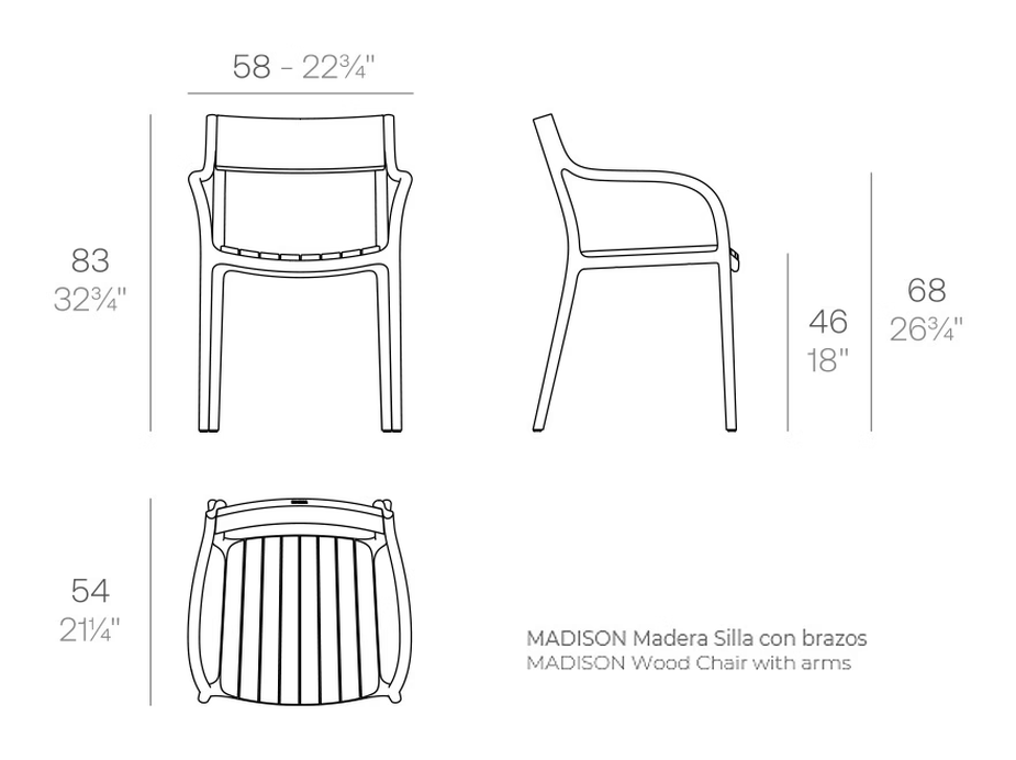 Madison Wood Chair by Vondom, size drawing