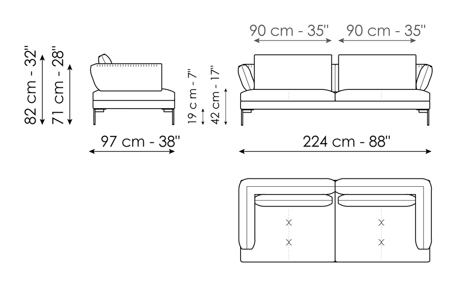 Aliante Sofa by Bonaldo, size drawing: Sofa 224