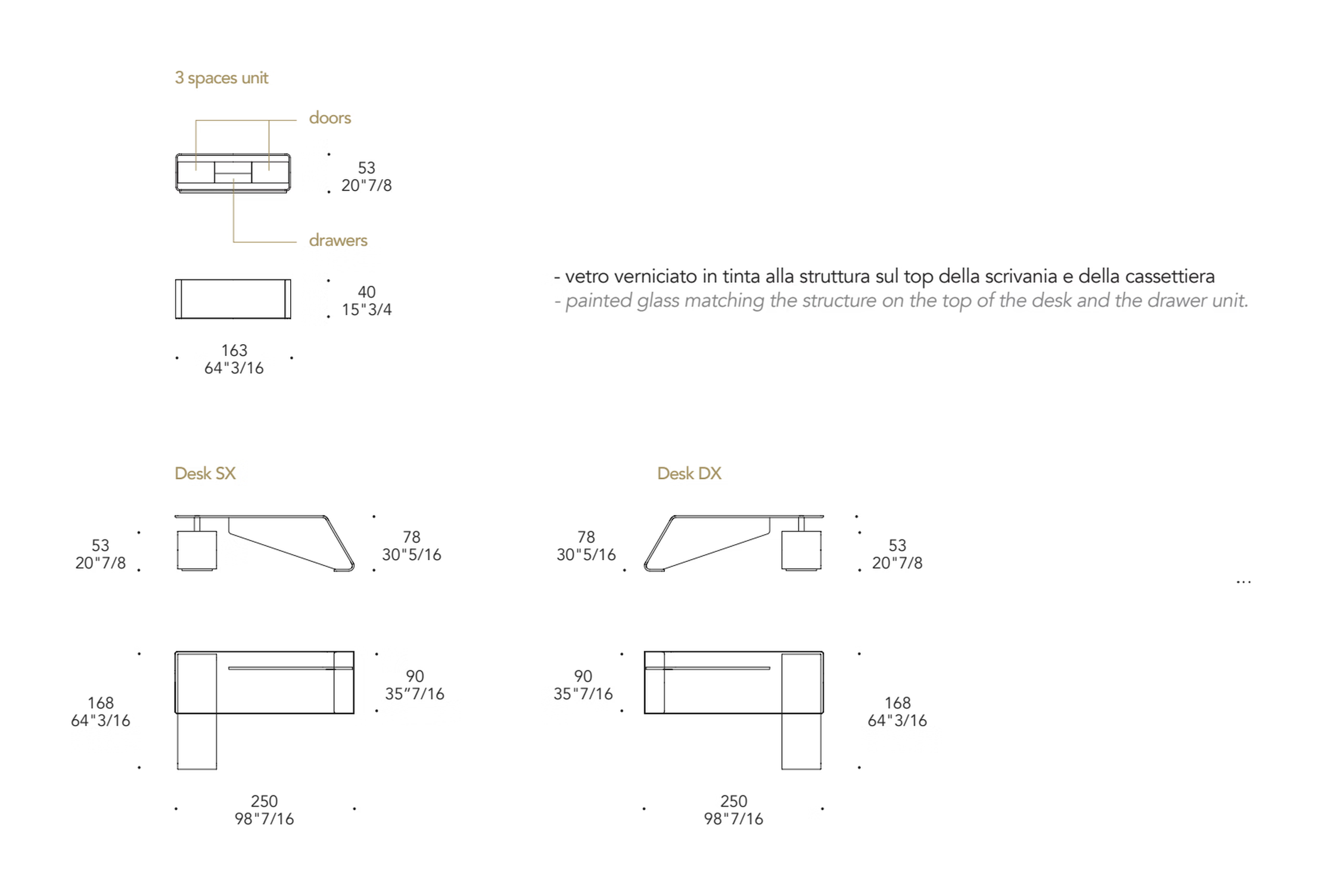 Oh Scrivania Desk by Reflex, size drawing