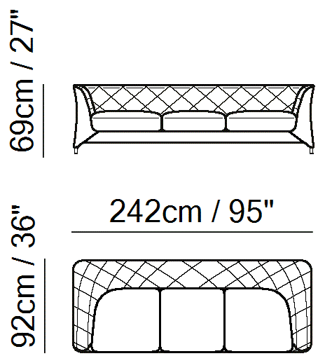 La Scala Sectional by Natuzzi Italia: Large three-seater sofa, outline drawing with sizes