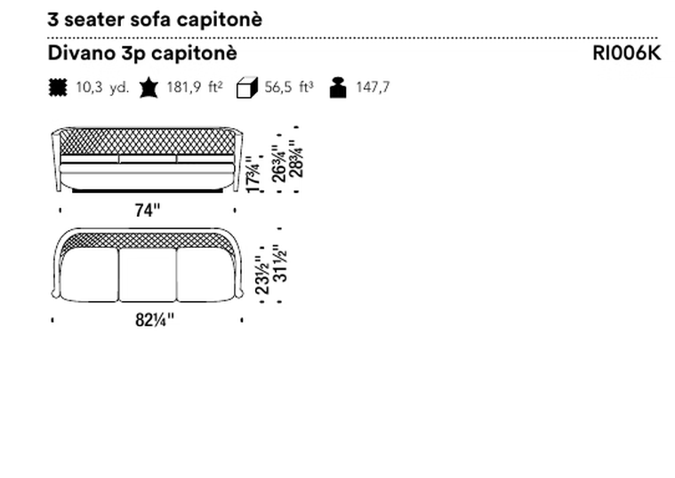 Rich Cushion Sofa by Moroso, size drawing: 3 seater sofa capitonè