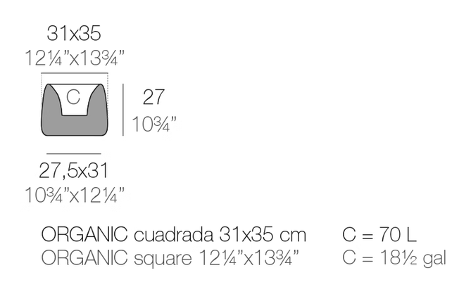 Organic Cuadrada Planter by Vondom, size drawing