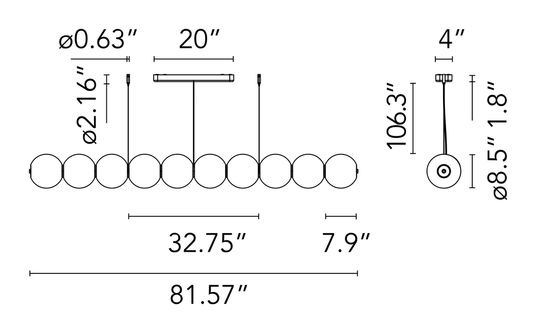Luce Sferica Pendant Lamp by Flos, size drawing: Luce Sferica S2