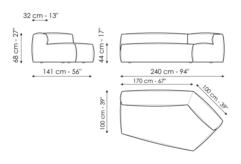 Peanut B. Modular Sofa by Bonaldo, size drawing: Semi-corner