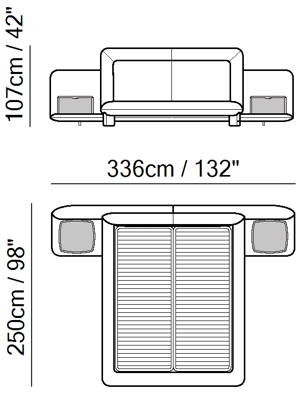 Flow Bed by Natuzzi Italia: Bed with electric slats mechanism 160X200 with boiserie, outline drawing with sizes
