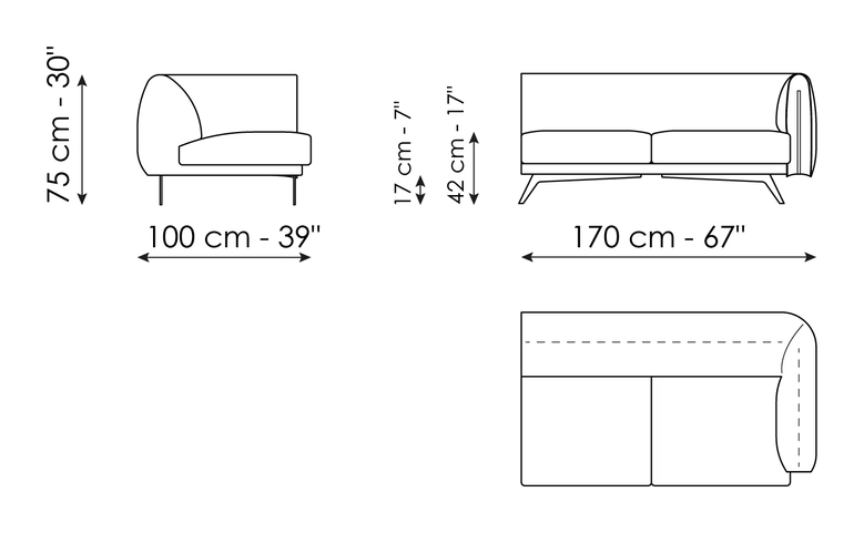Saddle Sofa by Bonaldo, size drawing: End section sofa 170