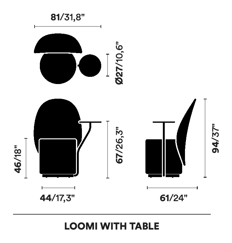 Loomi Armchair by Opinion Ciatti, size drawing: LOOMI WITH TABLE
