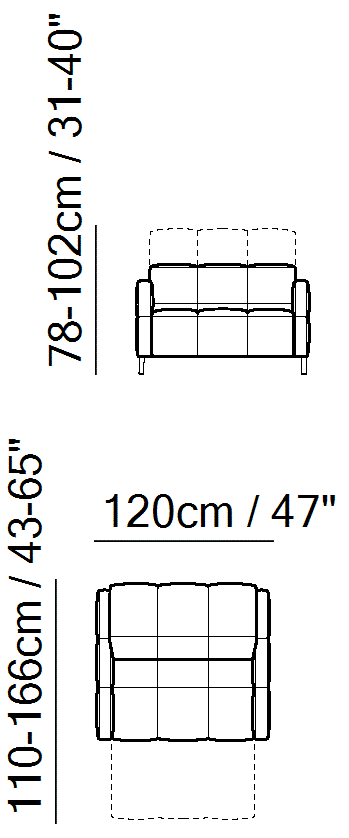 Philo Sectional by Natuzzi Italia: One-and-a-half-seater chair with electric recliner function, outline drawing with sizes