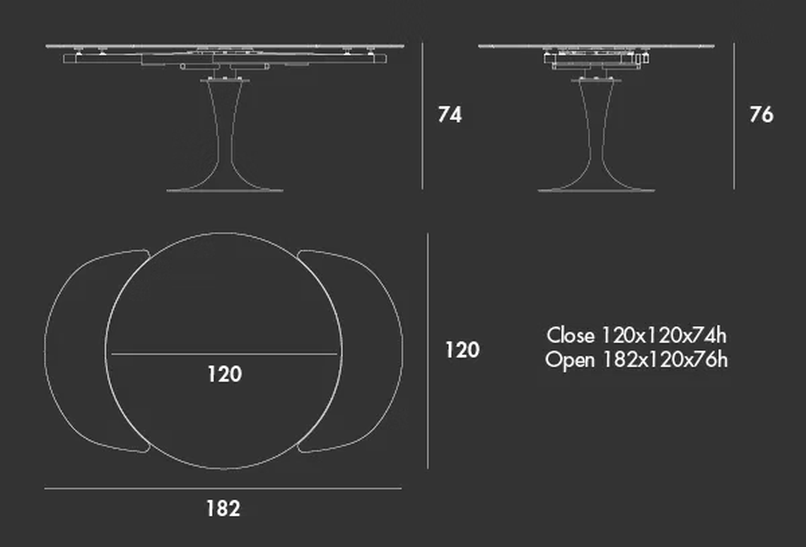 Flûte Extendable Table by Sovet, size drawing: Round