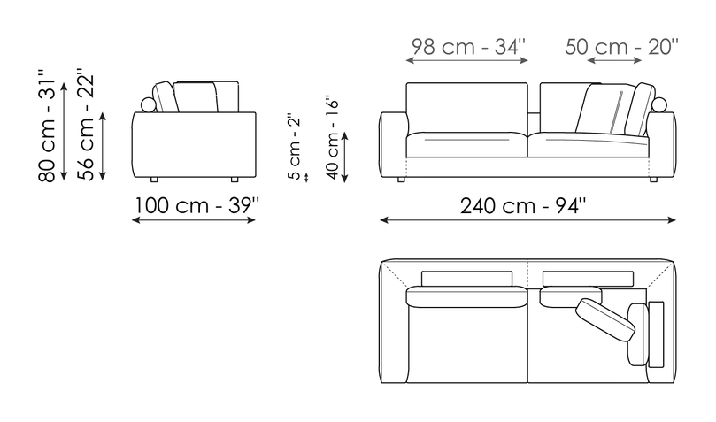 Superhiro Sofa by Bonaldo, size drawing: Corner sofa 240