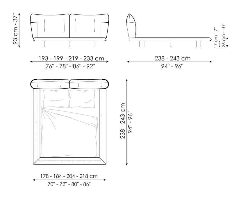 Blend Bed by Bonaldo, size drawing: Blend bed