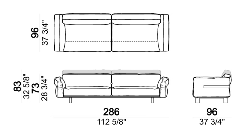 Close To Me Sofa by Arketipo, size drawing: Sofa SLIM
