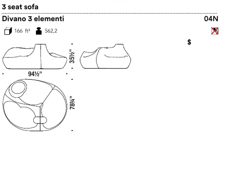Saruyama Sofa by Moroso, size drawing