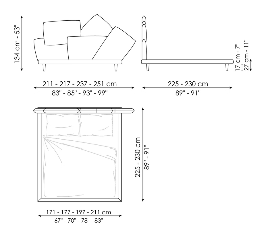 Picabia Double Bed by Bonaldo, size drawing
