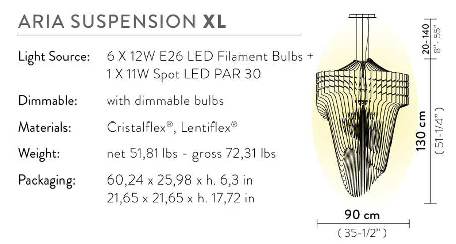 Aria Pendant Lamp by Slamp, size drawing: Aria Suspension XL