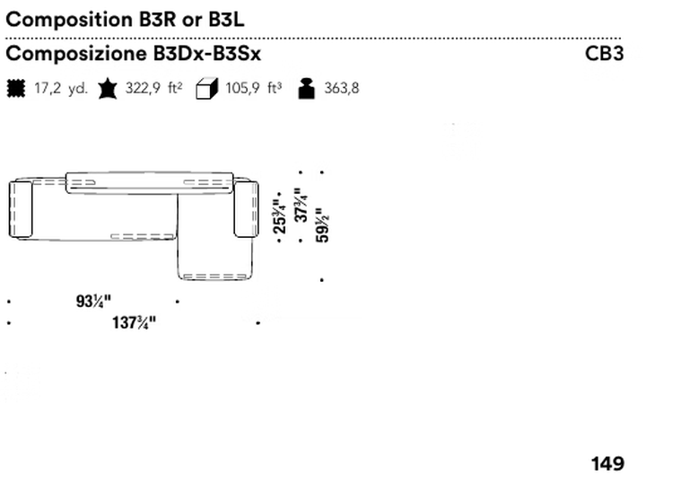 Loveland Sofa by Moroso, size drawing: Composition B3R or B3L
