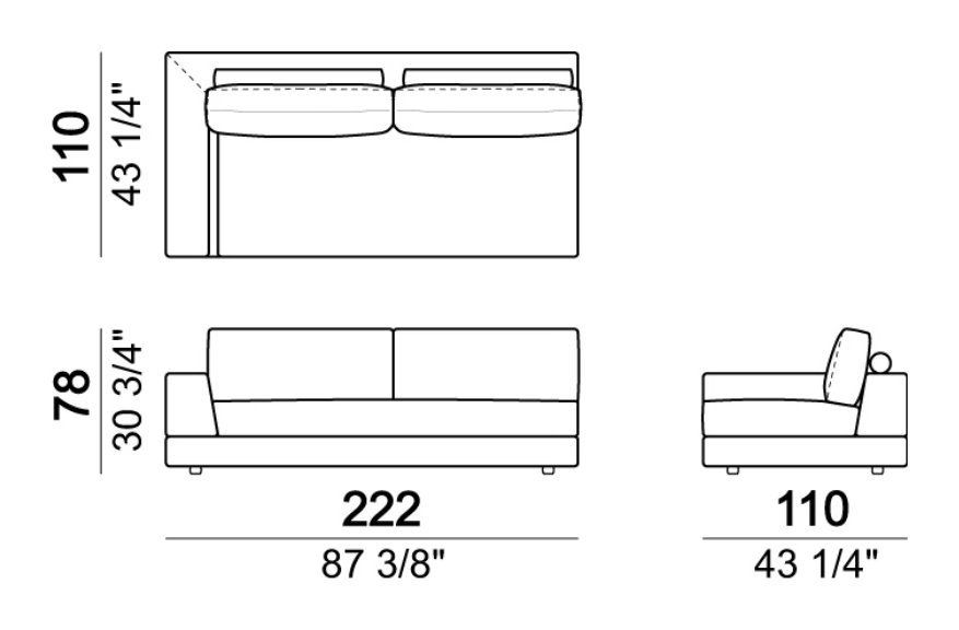 Plat Sofa by Arketipo, size drawing: Right or left unit