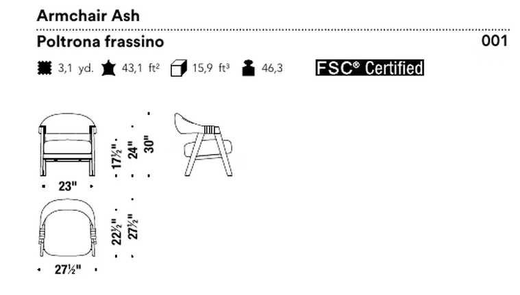 Mathilda Armchair by Moroso, size drawing: Armchair Ash