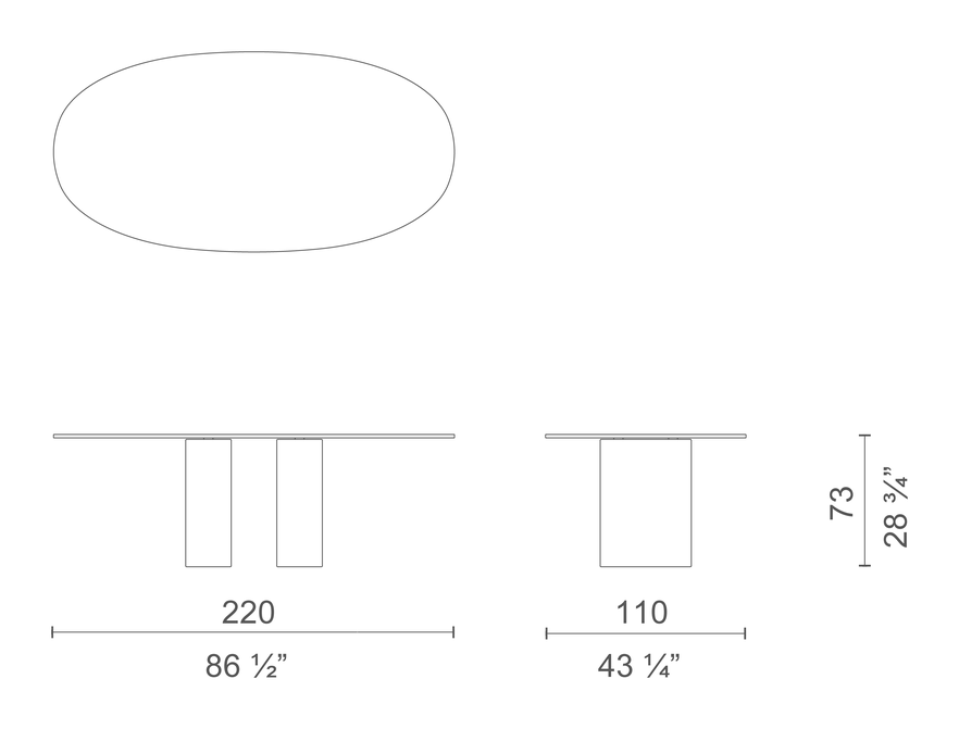 Dolmen Glass Table by Cappellini, size drawing: DOG1