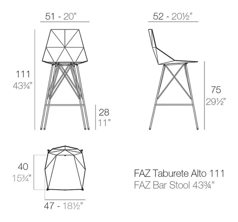 Faz Bar Stool by Vondom, size drawing