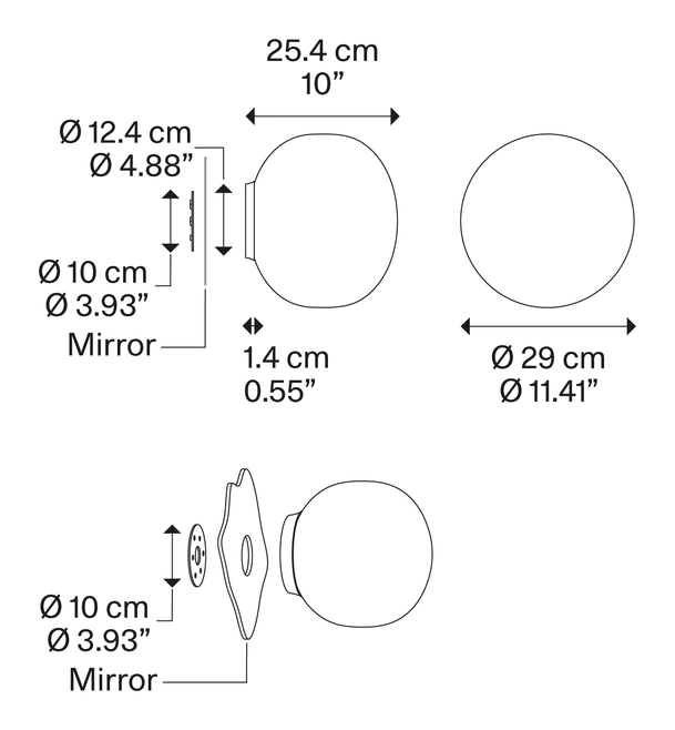 Volum Wall Lamp by Lodes, size drawing: Volum mirror 29
