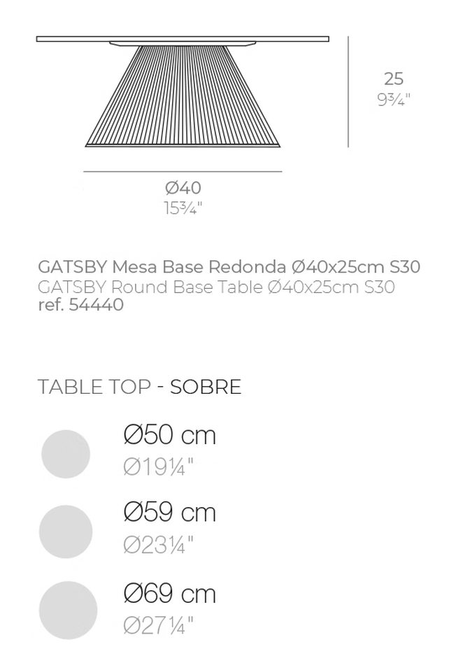 Gatsby Table Base by Vondom, size drawing