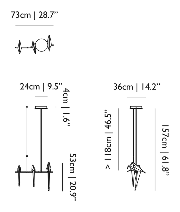 Perch Light Branch Pendant by Moooi, size drawing: Small