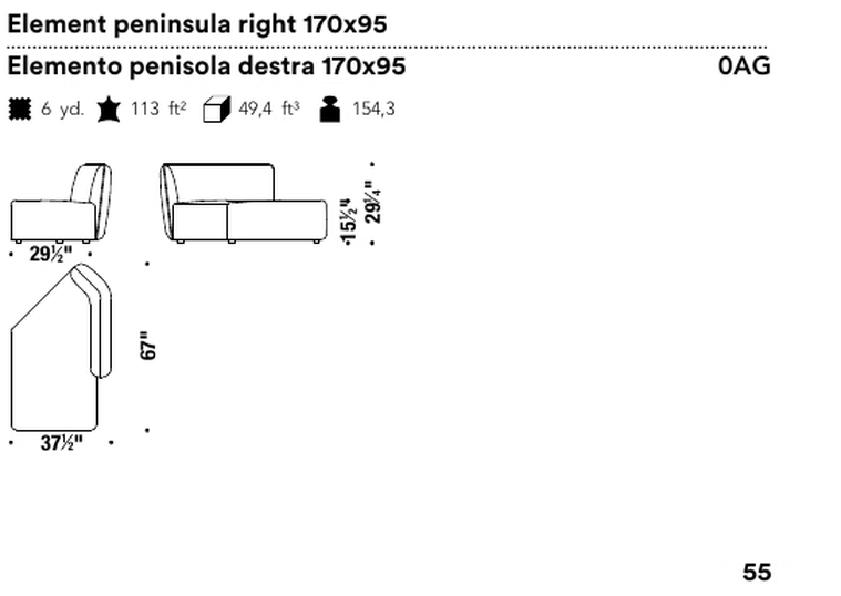 Chamfer Sofa by Moroso, size drawing: Element peninsula right 170x95