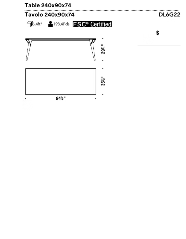 Overdyed Dining Table by Moroso, size drawing: Table 240x90x74