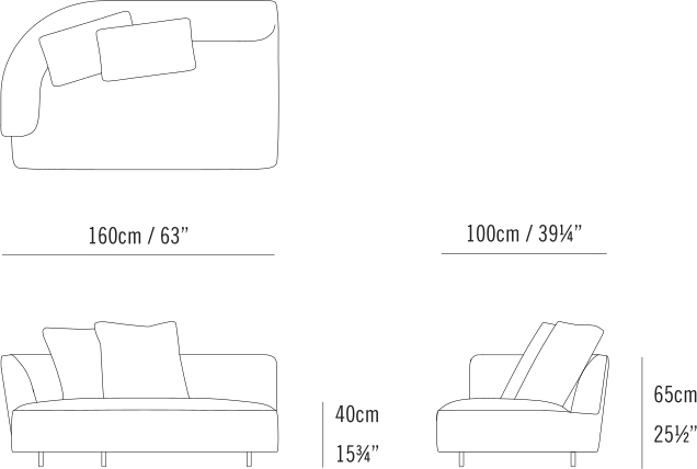 Max Sectional by Bensen, size drawing: Max Sectional 160 Left