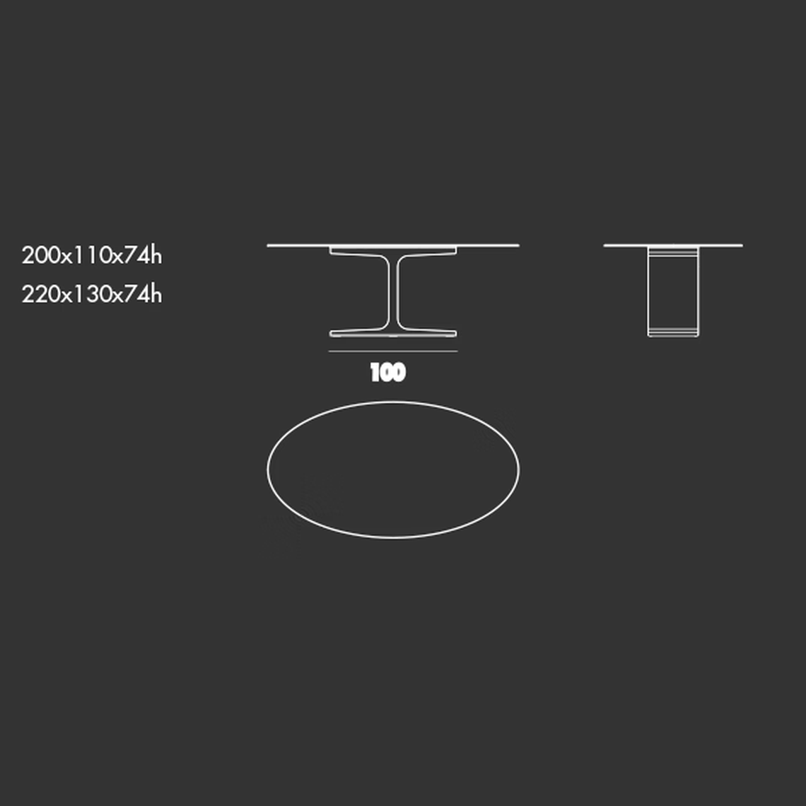 Palace Rectangular Table by Sovet, size drawing: Elliptical