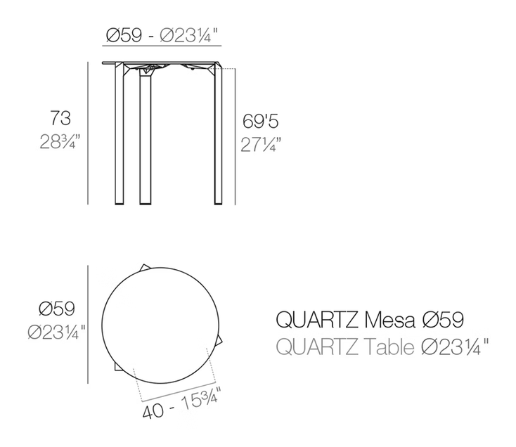Quartz Dining Table by Vondom, size drawing