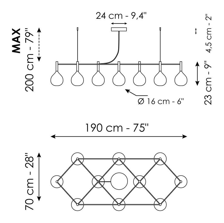 Sofì Pendant by Bonaldo, size drawing: 10 lights frame suspension