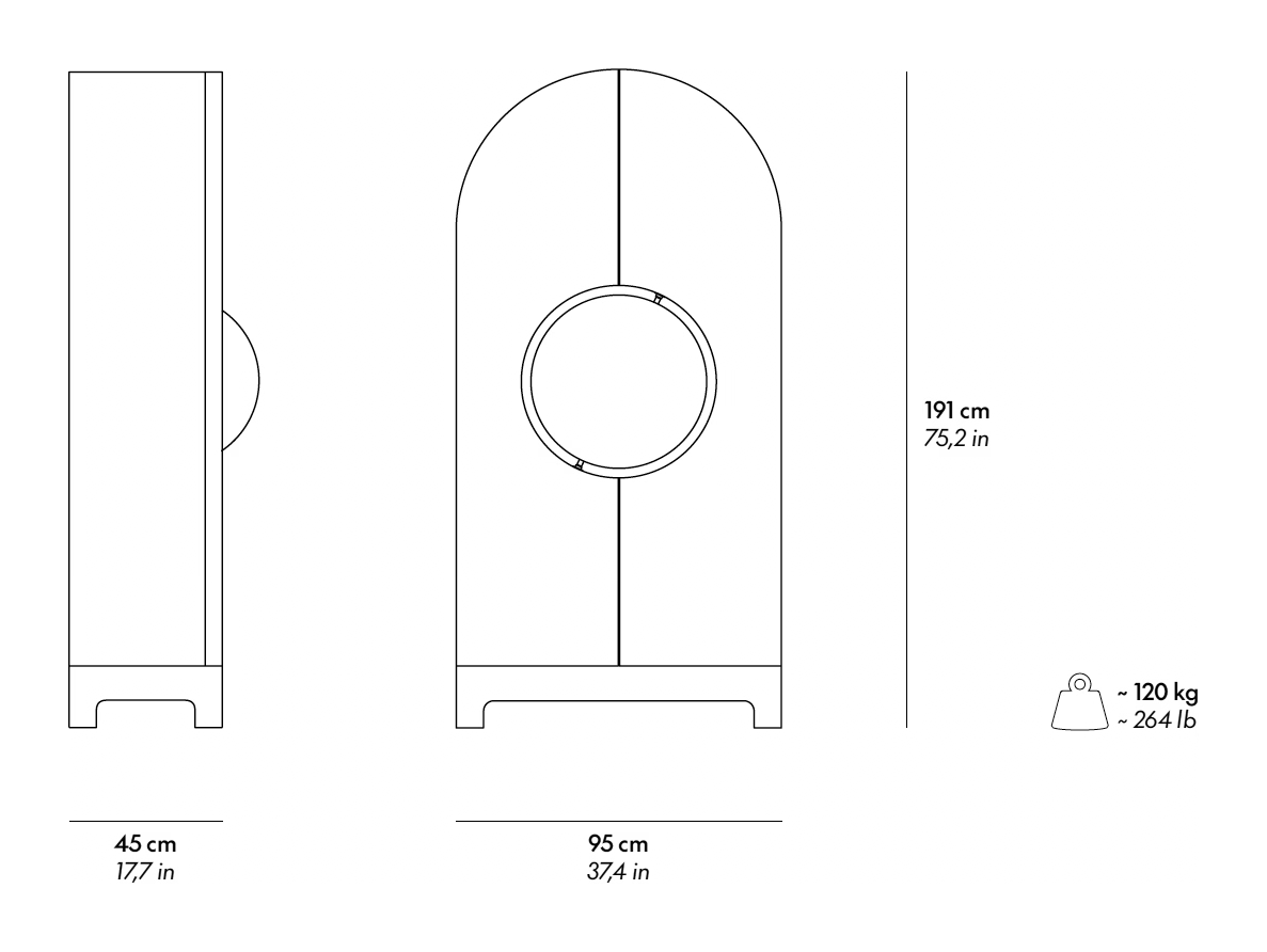 Globe Cabinet by Gufram, size drawing