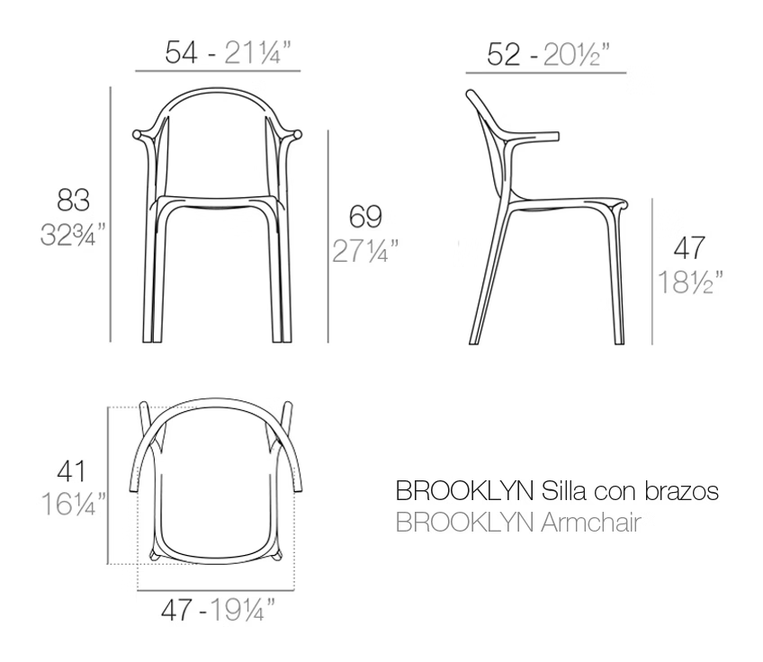 Brooklyn Chair With Armrests by Vondom, size drawing