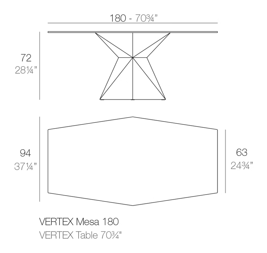 Vertex Polygonal Dining Table by Vondom, size drawing