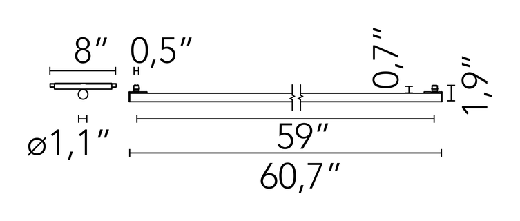 Infra-Structure Light Tube by Flos, size drawing: Light Tube Ø 30 Indirect 1500 mm