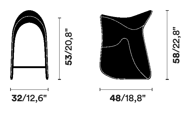 Pepe Saddle Chair by Opinion Ciatti, size drawing