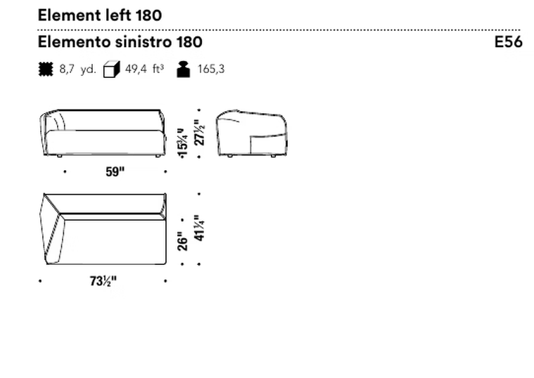 M.a.S.S.a.S. Sofa by Moroso, size drawing: Element left 180