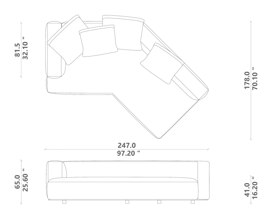 Paco Angled Sofa by Talenti, size drawing: Angled 02 right