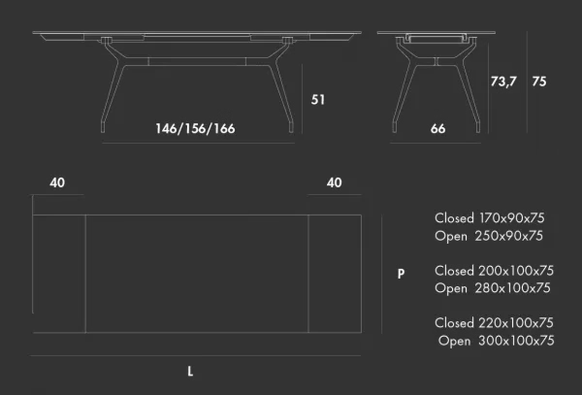 Arkos Rectangular Extendable Table by Sovet, size drawing