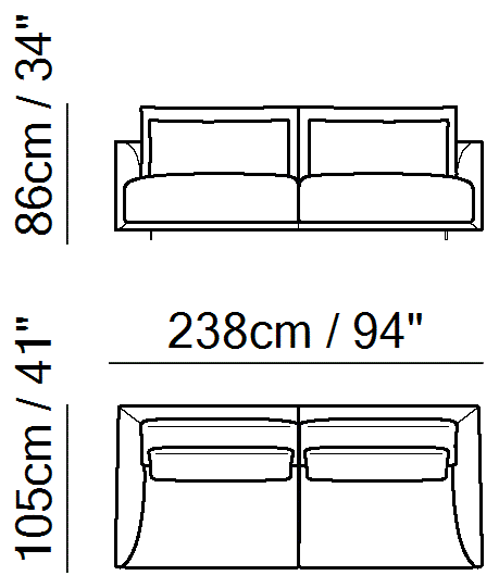 Long Beach Sectional by Natuzzi Italia: Three-seater sofa, outline drawing with sizes