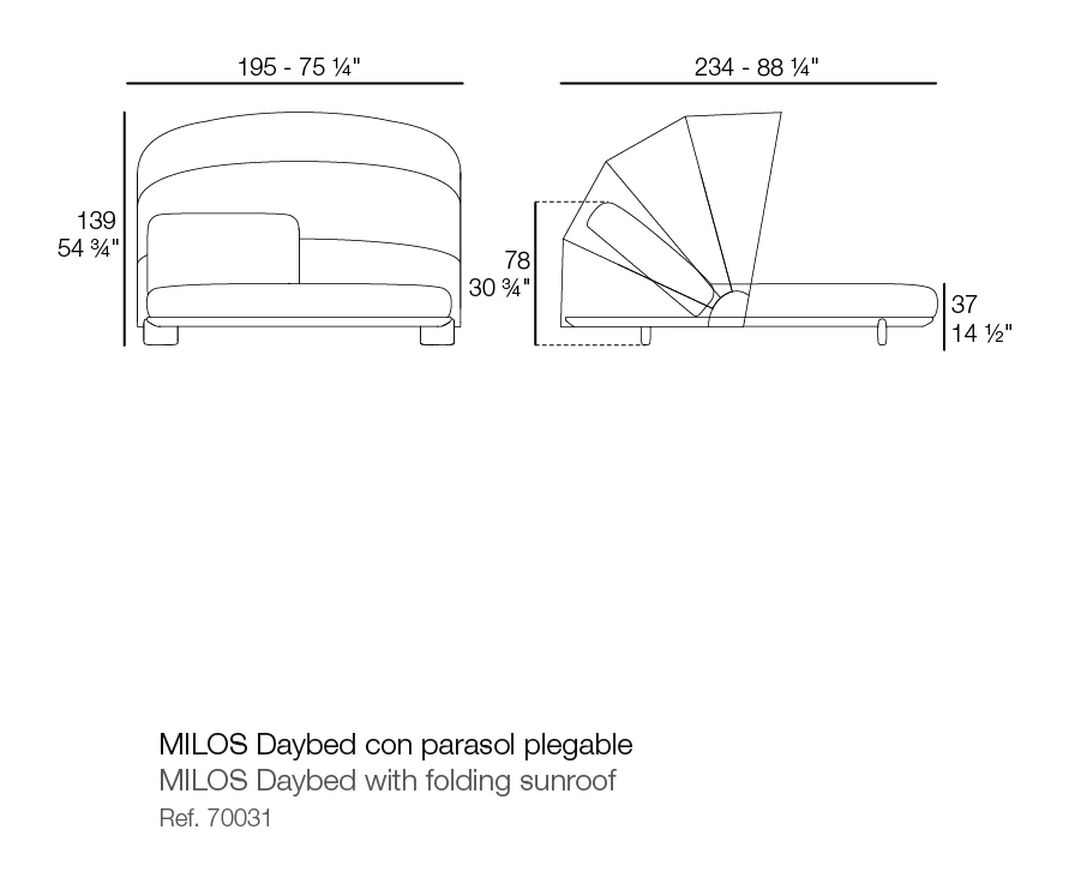 Milos Daybed With Sunroof by Vondom, size drawing