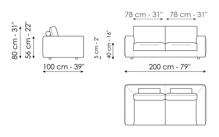 Superhiro Sofa by Bonaldo, size drawing: Sofa 200