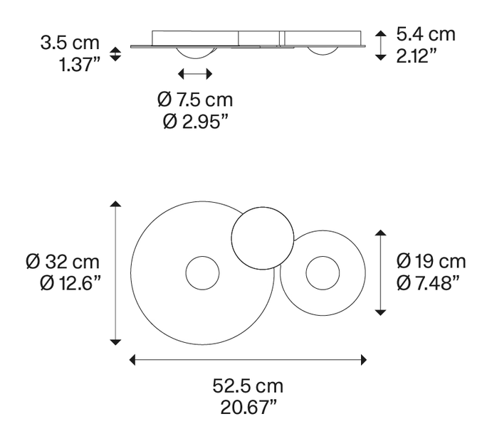 Bugia Ceiling Lamp by Lodes, size drawing: Bugia Double