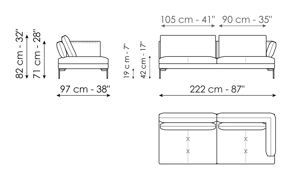 Aliante Sofa by Bonaldo, size drawing: End section sofa 222