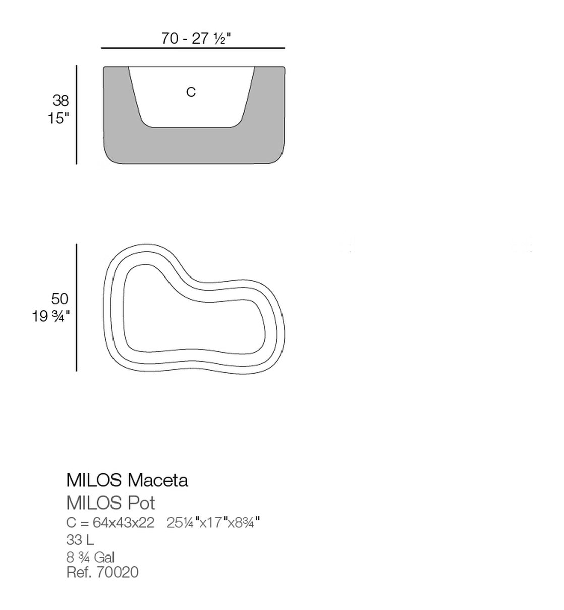 Milos Planter by Vondom, size drawing
