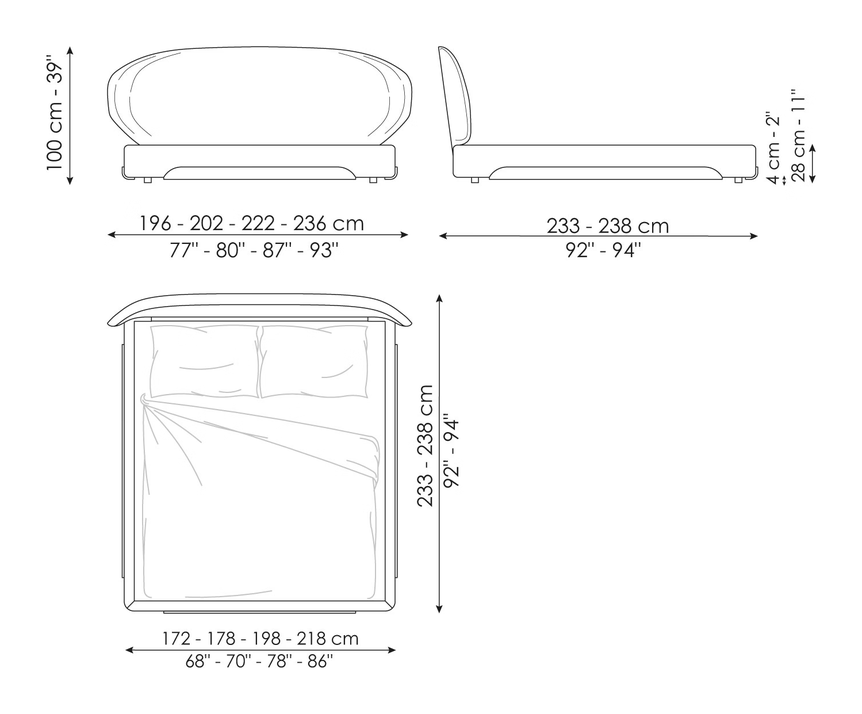 Olos Bed by Bonaldo, size drawing: Olos bed plus