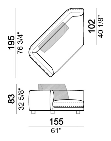 Self Control Sofa by Arketipo, size drawing: Right or left unit with angle 45°